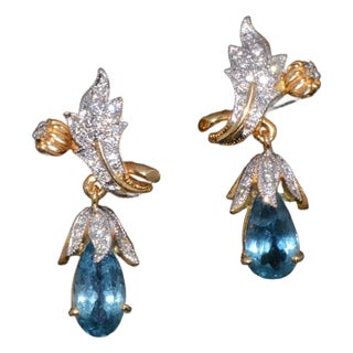 Certified Natural 5.67Cts VS F Diamond Aquamarine 18K Gold Dangle Earrings, A Pair For Sale