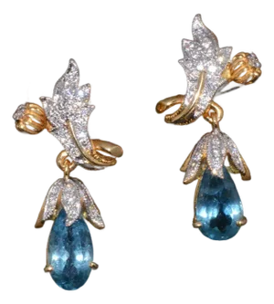 Certified Natural 5.67Cts VS F Diamond Aquamarine 18K Gold Dangle Earrings, A Pair