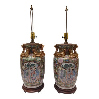 Pair of Vintage Chinese Hand Painted Lamps For Sale