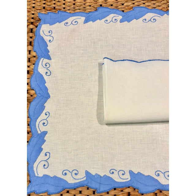 Textile Vintage Cornflower Blue Embroidered French Linen Placemat and Dinner Napkin Set- 8 Pieces For Sale - Image 7 of 10