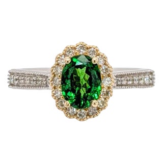 Tsavorite Ring W Natural Diamonds in Solid 14k Gold | Ov 7x5mm | Statement Ring, Size 6.75 For Sale