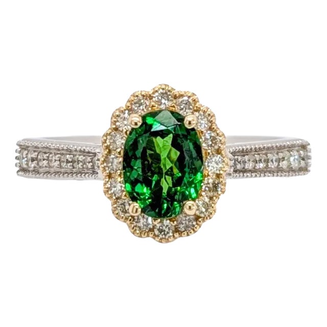 Tsavorite Ring W Natural Diamonds in Solid 14k Gold | Ov 7x5mm | Statement Ring, Size 6.75 For Sale