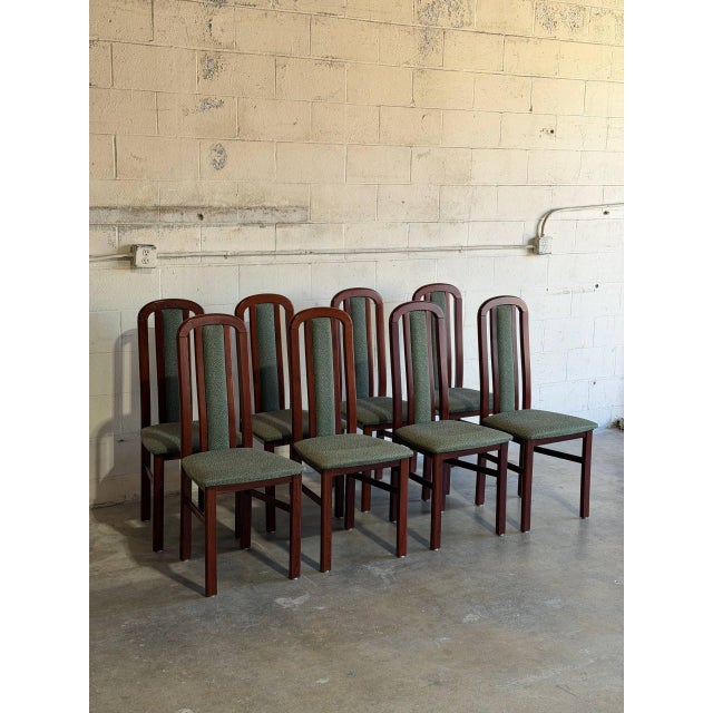 Mid-Century Modern High Back Wooden Dining Chairs Set of 8 With Green Upholstery Vintage Mid-Century Modern For Sale - Image 3 of 9
