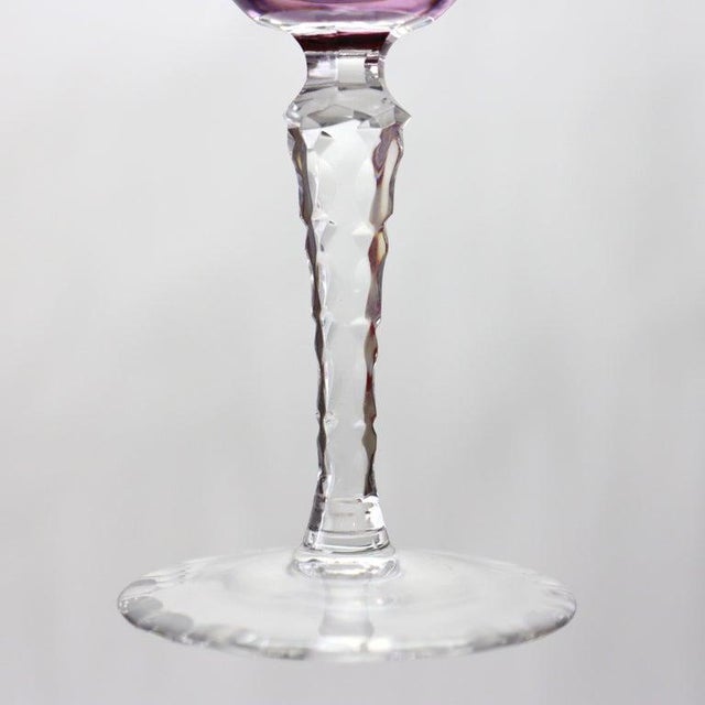 Eleven Bohemian Amethyst Floral Cut to Clear Crystal Wine Cordial Goblets C1910 For Sale - Image 4 of 4