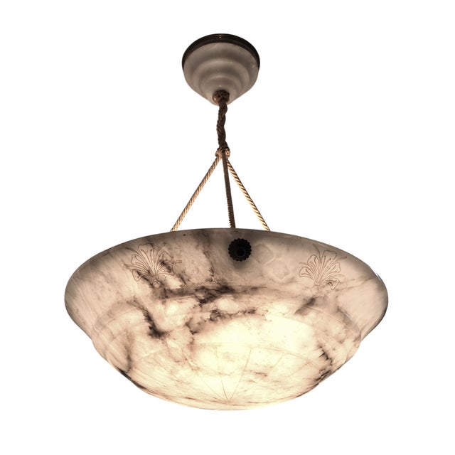 Early 20th Century Hand Carved French White+ Grey Alabaster W/Carved Detail, Alabaster Canopy +Cord For Sale - Image 16 of 16