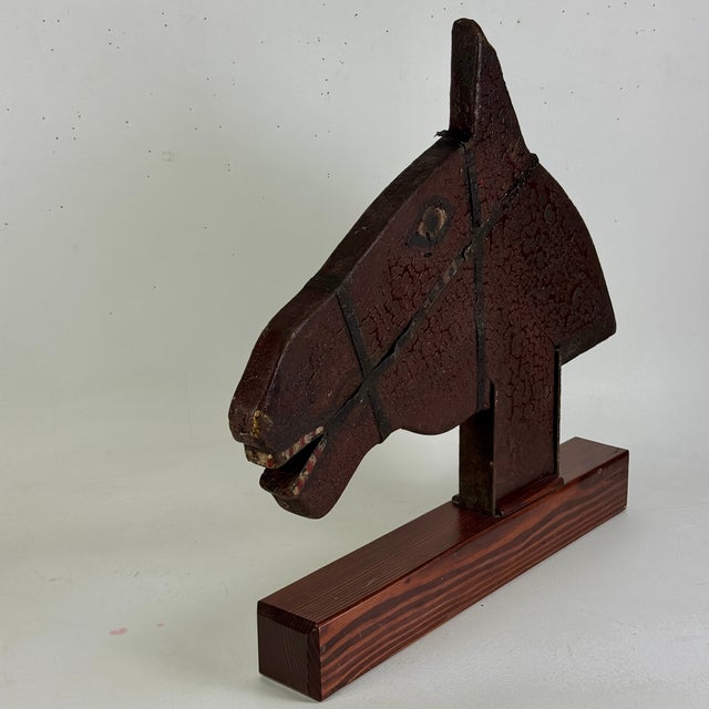 American Stupendous Antique 19th Century Horse Head Wood Trade Sign With Hand Painting Details & Metal Harness For Sale - Image 3 of 18