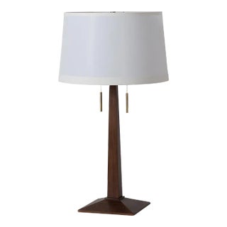 Taper Table Lamp - Dark Walnut Wood Finish, White Linen Shade For Sale