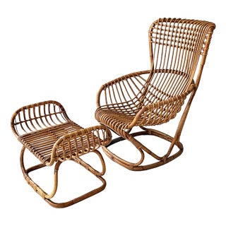 Set of Mid-Century Modern Italian Rattan B4 Armchair and Ottoman from Tito Agnoli, 1950s For Sale
