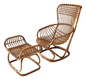 Set of Mid-Century Modern Italian Rattan B4 Armchair and Ottoman from Tito Agnoli, 1950s