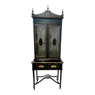 Vintage Pagoda Black Chinoiserie Glass Front Storage Curio Cabinet For Sale