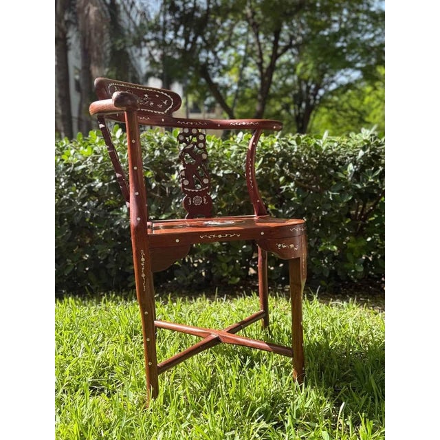 Wood Chinese Rosewood Corner Chairs With Mother-of-Pearl Inlay, C. 1940 For Sale - Image 7 of 7