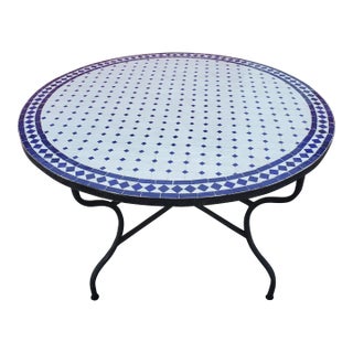 48" White and Blue Moroccan Mosaic Table in Cr4 Pattern For Sale