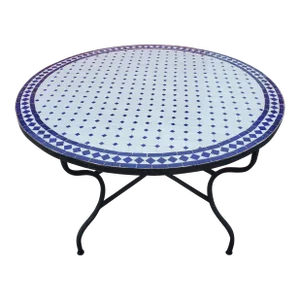 48" White and Blue Moroccan Mosaic Table in Cr4 Pattern