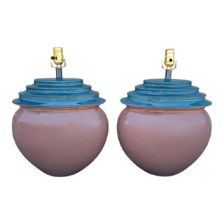 Rare Vintage Glazed Ceramic Teal Blue Chocolate Brown Pagoda Regency Table Lamps- A Pair For Sale