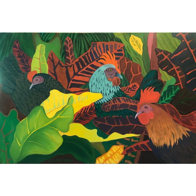 Two chickens stand among dense tropical foliage with the calm self-possession of creatures who know exactly where they...