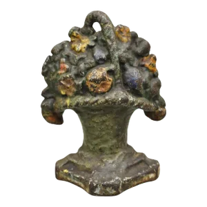 Antique Victorian Cast Iron Small Painted Orange Floral Bouquet Basket Door Stop