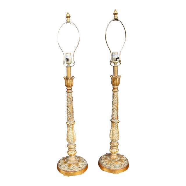 Pair of Italian Neoclassical Parcel Gilt Table Lamps For Sale