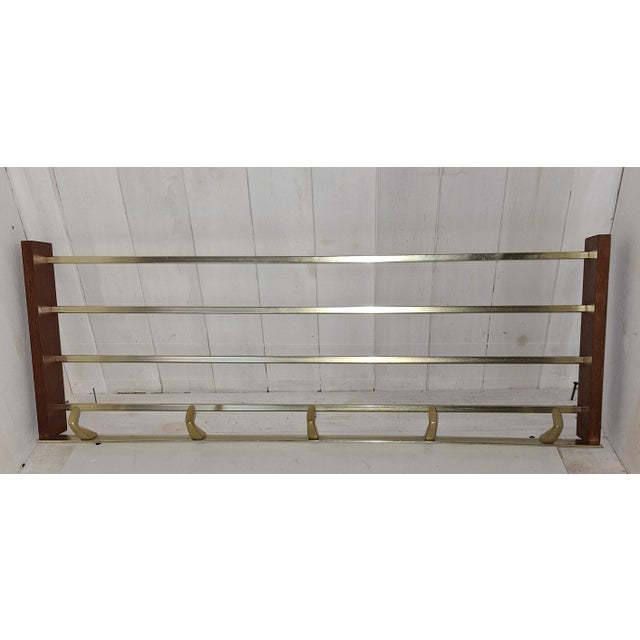 Vintage Wall-Mounted Coat Rack in Teak Wood and Gold-Anodised Aluminium, 1970s For Sale - Image 4 of 6