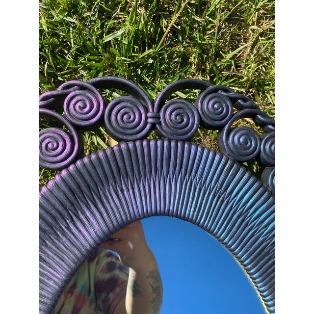 1980s Vintage Faux Wicker Rattan Homco Bathroom Vanity Wall Hanging Mirror, Colorshifting Purple Oval Mirror For Sale - Image 5 of 7