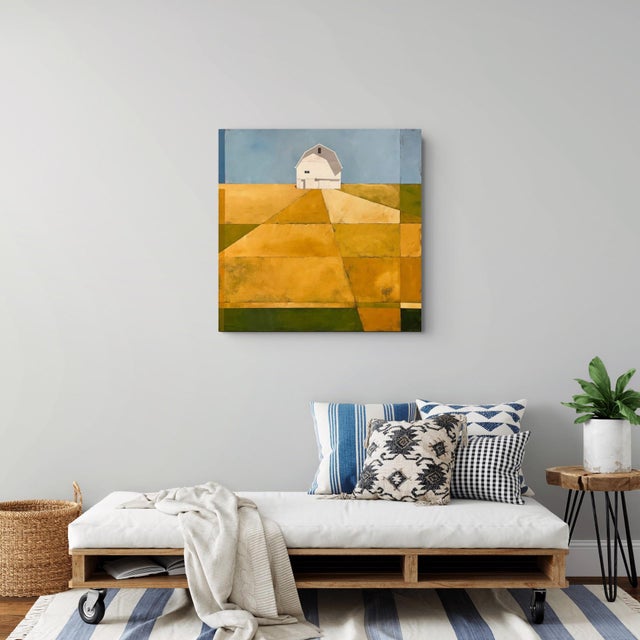 Golden Fields by Justin Wheatley | Acrylic on Canvas White Barn With Gold Fields For Sale - Image 12 of 12