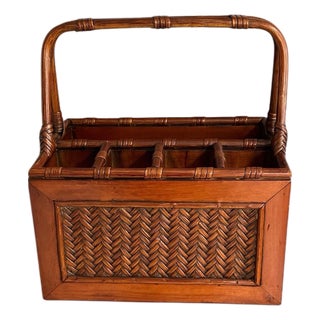 Vintage Bamboo and Woven Rattan Utensil Caddy For Sale