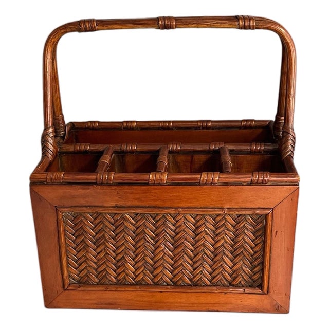 Vintage Bamboo and Woven Rattan Utensil Caddy For Sale