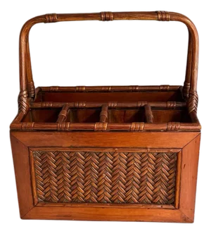 Vintage Bamboo and Woven Rattan Utensil Caddy