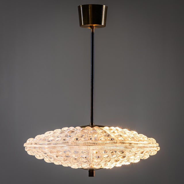 Metal 1960s Pendant Lights in Orrefors Crystal and Brass, Attributed to Carl Fagerlund for Lyfa - a Pair For Sale - Image 7 of 8