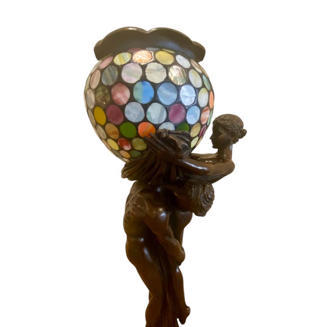 Impressive Bronze floor lamp in Art Nouveau style titled 'The Leaving' depicts three nude figures clinging to a draped...