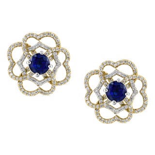 1 Carat Each Sapphire Diamond Flower/Cluster Earring 14 Karat Rose Gold For Sale