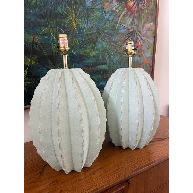 Postmodern Sculptural Ribbed Cactus Form Celadon Plaster Table Lamps by Alsy 19.5” - A Pair For Sale - Image 4 of 11