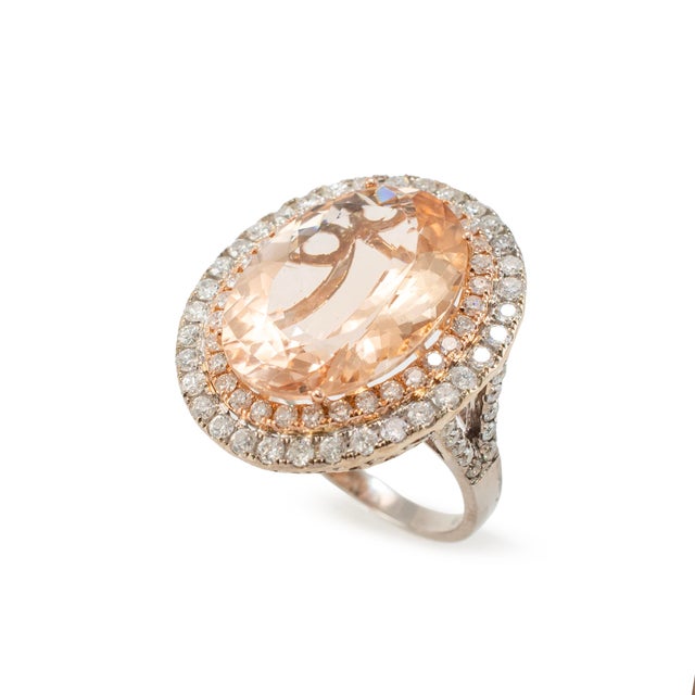 Modern Ladies 14k White & Rose Gold 11.35ctw Oval Morganite Halo Diamond Cocktail Ring, Size 6.75 For Sale - Image 3 of 10