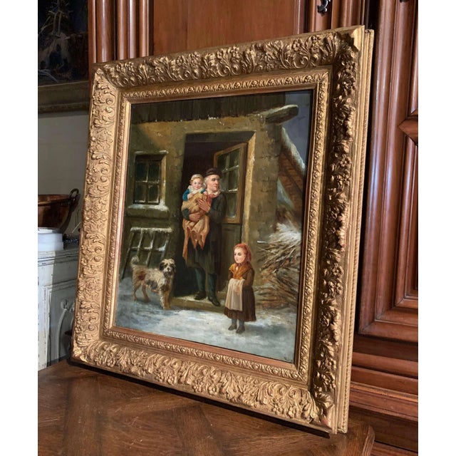 Wood 19th Century French Genre Oil Painting of Family Winter Scene With Dog For Sale - Image 7 of 12