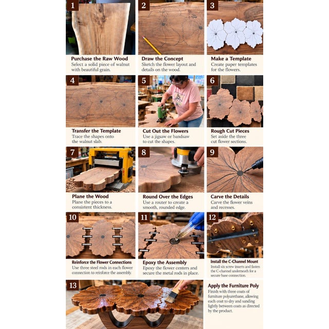 Wood Lumen and Log Hand-Carved Black Walnut "Hibiscus & Hummingbird" Sculptural Coffee Table For Sale - Image 7 of 9