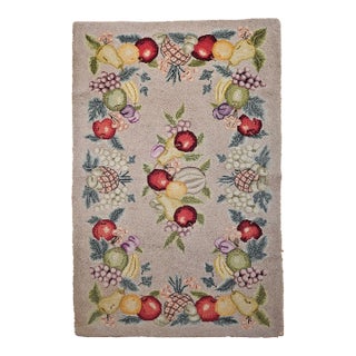 Vintage American Hand Hooked Rug, Fruit Pattern Design, Folk Art Tapestry, 28” X 45” For Sale