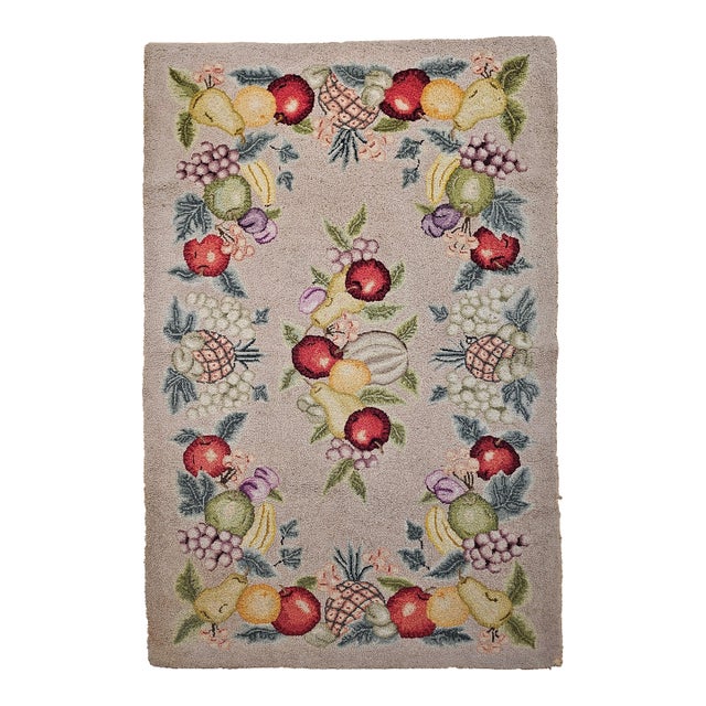Vintage American Hand Hooked Rug, Fruit Pattern Design, Folk Art Tapestry, 28” X 45” For Sale