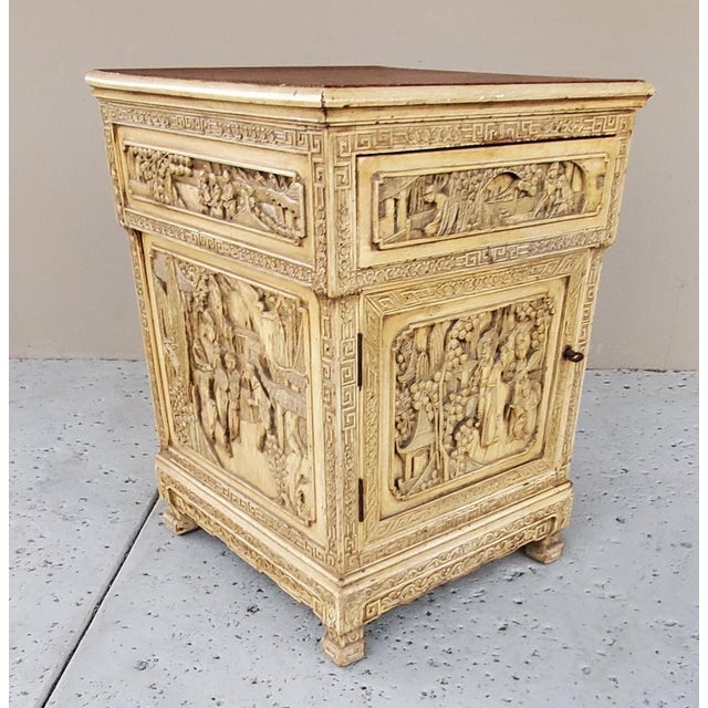 1920s Antique Chinese Wooden Bedside Cabinet With Carved Chinese Scenery For Sale - Image 4 of 12
