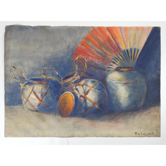 Early 20th Century Pots and Hand Fan Still Life Painting For Sale - Image 4 of 4