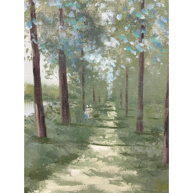Green Mid 20th Century Large Impressionist Style Tree-Lined Landscape Oil Painting in Gilt Frame – 41.5” X 41.25” For Sale - Image 8 of 17