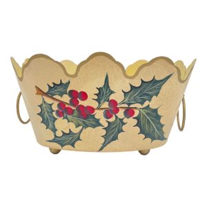 Late 20th Century Monteith Style Tole Holly Design Scalloped Cachepot Footed Planter