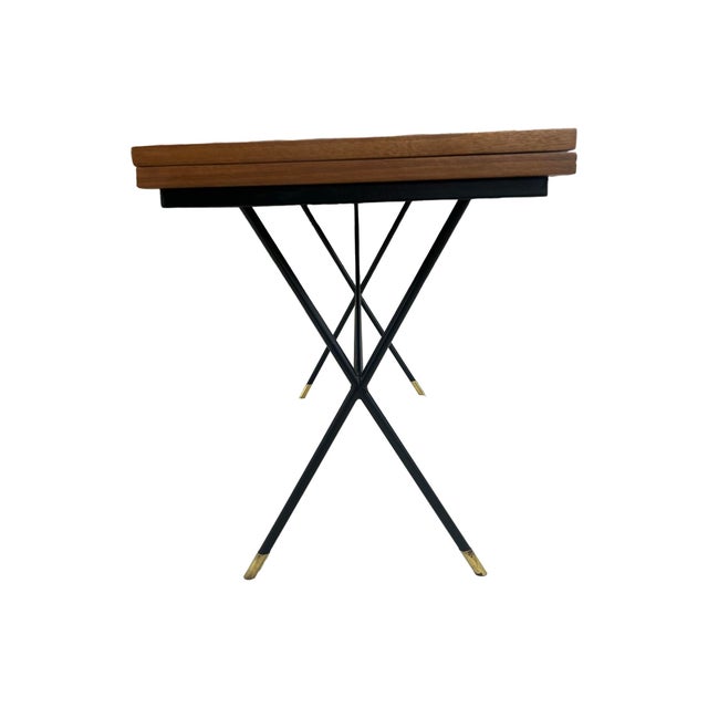 Vintage Rare Mid Century Modern X-Base Wrought Iron Walnut Flip Top Walnut Dining Table / Console / Desk Restored Brass For Sale In Palm Springs - Image 6 of 12