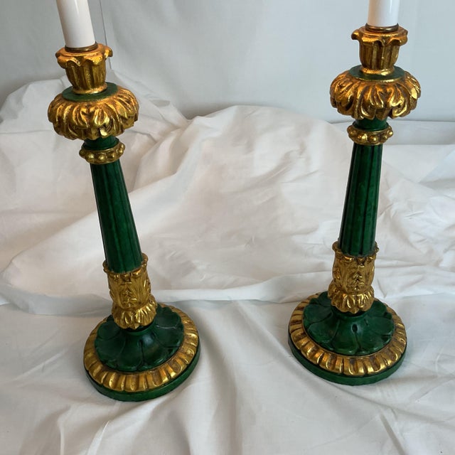 Vintage Italian Hand Carved Goldleaf Wood Candle Stick Lamps With Shades/Finials - a Pair For Sale In West Palm - Image 6 of 13