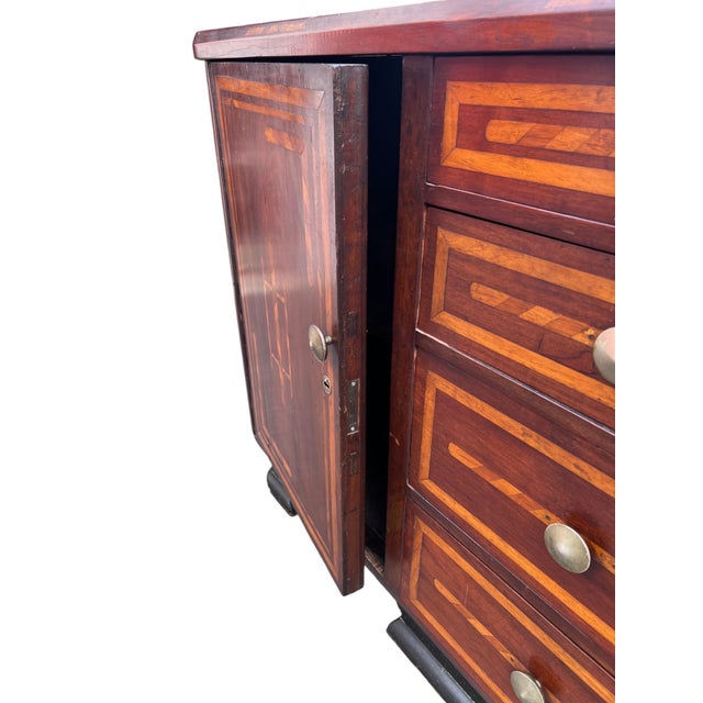 Brown Antique Inlaid Buffet Sideboard W Rare Locking Drawer Mechanism For Sale - Image 8 of 18