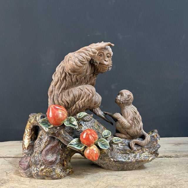 Brown Vintage Shiwan Pottery Monkey & Baby Sculpture With Peaches - 12" Tall For Sale - Image 8 of 9