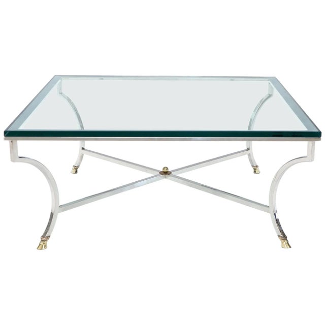 Square Chrome and Brass Hoof Feet Base Coffee Table Thick Glass Top For Sale - Image 12 of 12
