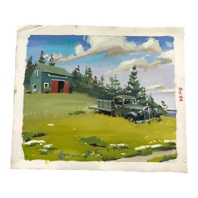 Gray Truck in the Grass by the Maine Shoreline Oil Painting For Sale