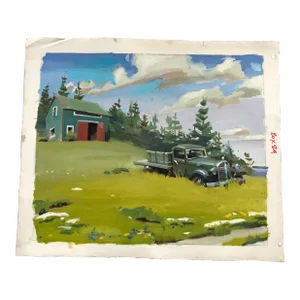 Gray Truck in the Grass by the Maine Shoreline Oil Painting