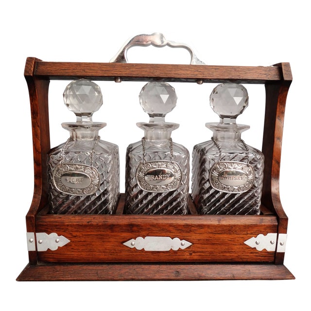 Antique English Liquor Tantalus Decanter Set, Lock & Key Chairish