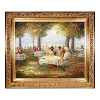 Late 20th Century Alexander Thiele German Beer Garden Café Over the Starnberger See, Oil Painting on Canvas, Framed For Sale