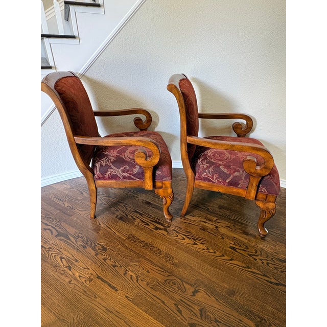 Powell Burgundy Tapestry Carved Wood Scroll-Arm Accent Chairs - Pair For Sale - Image 4 of 11